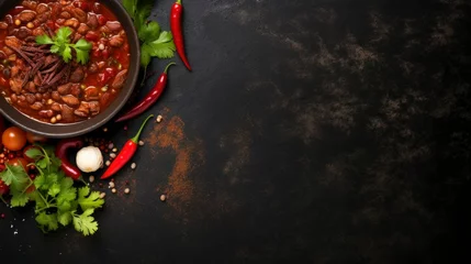 Keuken spatwand met foto Red hot chili pepper. Chili on dark background. Traditional sambal , food from Indonesia. Copy space © Tombomumet Studio