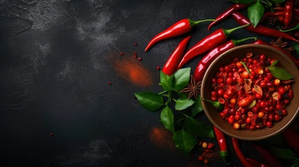 Gordijnen Red hot chili pepper. Chili on dark background. Traditional sambal , food from Indonesia. Copy space © Tombomumet Studio
