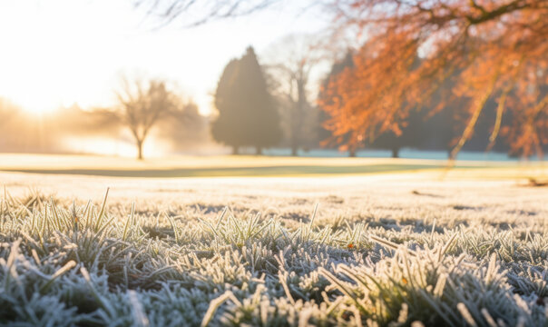 Frosty grass lawn at golf course in winter morning