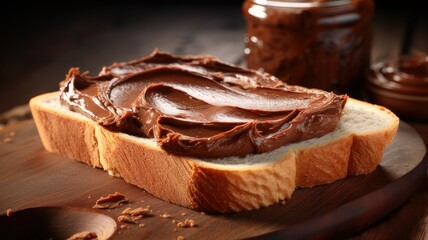 Slice of bread with cocoa cream and hazelnut spread - obrazy, fototapety, plakaty
