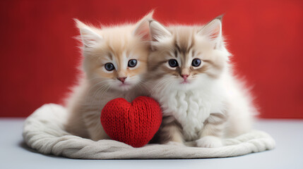 Valentines day background two cute angora kittens and red knitted heartspace at the red background,copy space.
