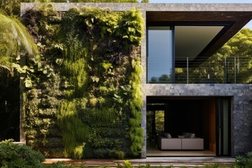 Fototapeta na wymiar Residential building with vertical garden on the wall. Architecture, decor, eco concept