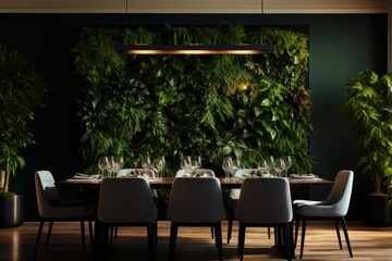 Fototapeta na wymiar Dining room with vertical garden on the wall. Architecture, decor, eco concept