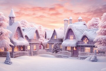 Pastel colors Christmas background. Snow-covered woodland scene, soft pastel hues of lavender and rose-pink.