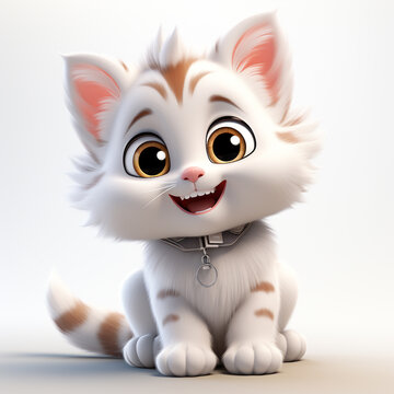 3D cartoon style image of a cute kitten. Looks happy and enthusiastic.