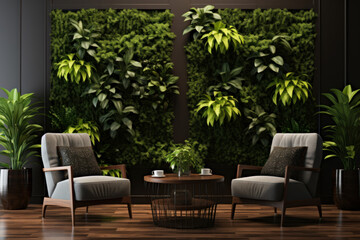 Obraz premium Lounge interior with two comfortable armchair. Vertical garden - wall design of green plants. Architecture, decor, eco concept