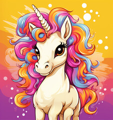 cute unicorn on a yellow background, colorful caricature