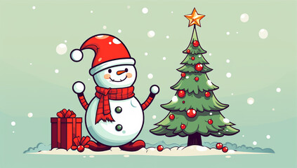 merry christmas card with snowman and christmas tree 