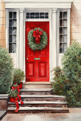 red door with christmas decoration