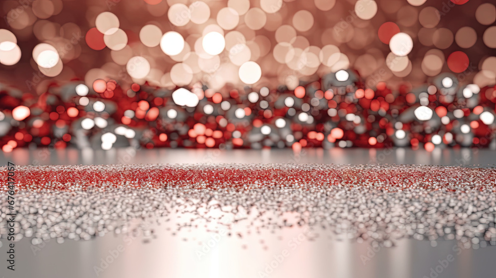 Poster Abstract shiny background with red glitter. Scattered confetti sparkles with red color.