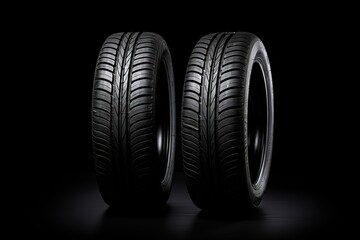 Set of fuel efficient car tires on black background. Winter and summer tire tread. Vulcanization service. Car wheel service concept