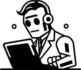 Hand-drawn Robotic AI Assistant Robot with Business Suit Using Laptop Vintage Outline Icon In Hand-drawn Style