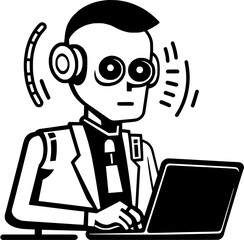 Fototapeta premium Hand-drawn Robotic AI Assistant Robot with Business Suit Using Laptop Vintage Outline Icon In Hand-drawn Style