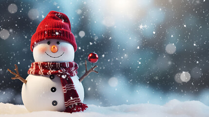 Fototapeta premium A snow man in the snowy Background ,with wearing Red santa hat and red scarf, Christmas Wallpaper 