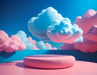 podium 3d render mock up isolate montage photo with blue sky and pink clouds product display stand made with Generative AI