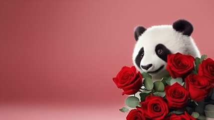 Romantic background cute panda bear with bouqet of red roses at the red background.