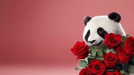 Rolgordijnen Romantic background cute panda bear with bouqet of red roses at the red background. © JuLady_studio