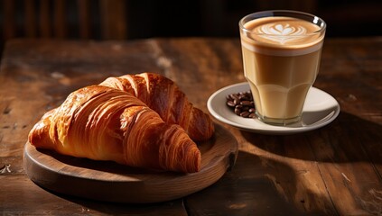 A cup of coffee and croissants on a wooden table - Powered by Adobe