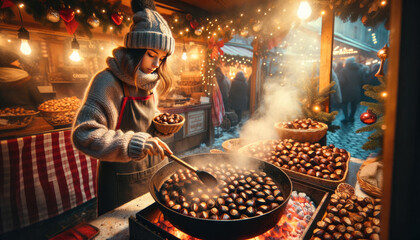 Roasted chestnuts sales stand at a Christmas market