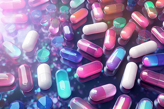 Background with pills and capsules in neon blue and purple colors. Medical drug or dietary supplement concept.