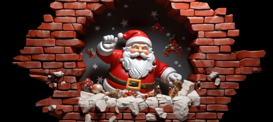 Realistic 3D Santa Claus card popping out of a wall brick opening, isolated on a white background.	
