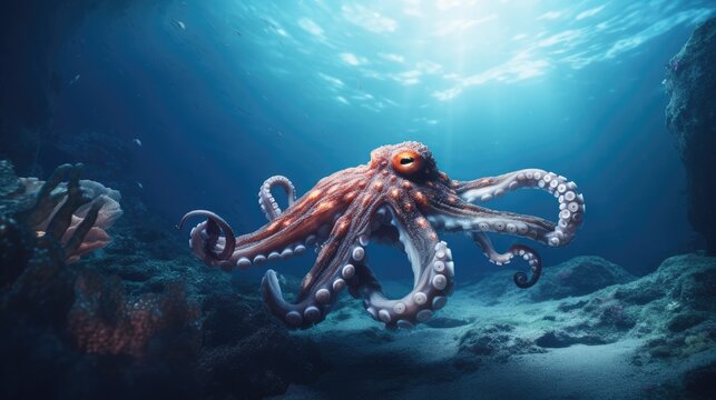  An Octopus Is Swimming In The Ocean With Its Head Turned To Look Like It's Coming Out Of The Water, With A Light Shining On It's Face.  Generative Ai