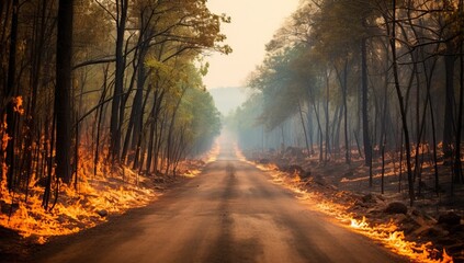 Wildfire Engulfing Forest Road