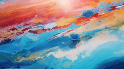 Beautiful abstraction of liquid paints in slow blending flow mixing together gently.