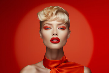 Fashion portrait closeup of a model with red make up. Cosmetic and beauty concept. Luxury style. AI Generated