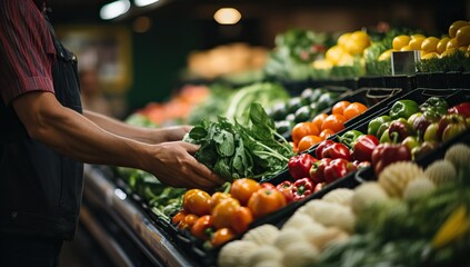 Man Selecting Fresh Vegetables in Grocery Store - obrazy, fototapety, plakaty