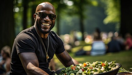 Cheerful african american man eating salad in a park - obrazy, fototapety, plakaty