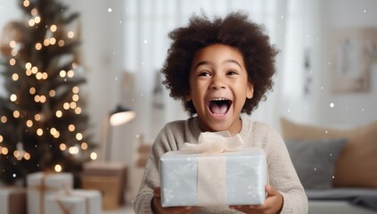 happy african american little girl with gift box at christmas