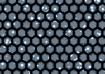 Large image of a hexagonal pattern with small blue and grey dots inscribed in hexagons with diagonal lines and points, bordered by small blue water waves on a black background - 676419272