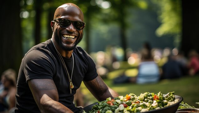Cheerful african american man eating salad in a park