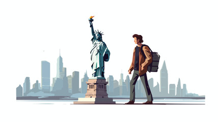 Vector illustration of tourists and Statue of Liberty, travel concept, America country