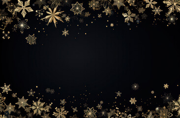 A background for a Merry Christmas card with gold snowflakes on a black background, Generative AI