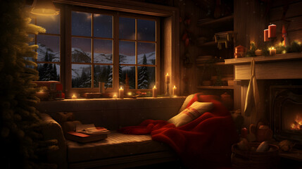 Obraz na płótnie Canvas Christmas tree in a wooden cabin in winter.