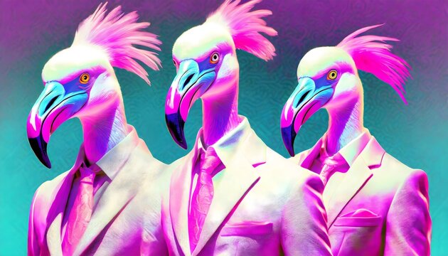 Digital art of three human figures with Flamingo head, looking very severe and serious. Synthwave-hyperrealistic style. Banner header image.