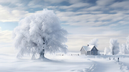 Winter Scene with Snowy Cabin in Nature