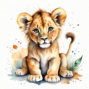 Watercolor cute baby animal.  Lion.