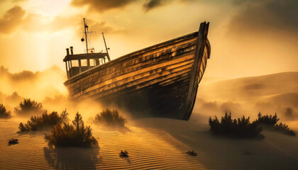 Wreck of an old wooden fishing boat abandoned in the desert. Concept of climate change due to global warming.