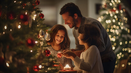 Fototapeta premium Christmas tree in a wooden cabin in winter.