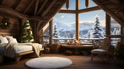 Wooden rustic cabin decorated for Christmas holidays. - obrazy, fototapety, plakaty