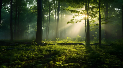 Obraz premium morning in the forest with mist and sun rays trough the trees.