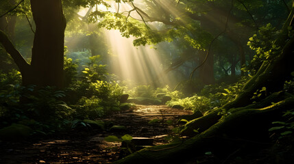 sun rays in a green forest landscape