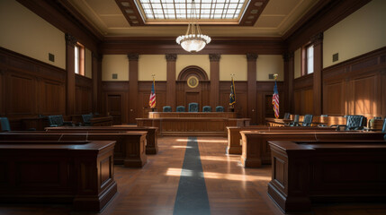 American courtroom. justice and law. chairs and judge table - obrazy, fototapety, plakaty