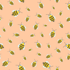Cute bees on pastel orange background vector seamless pattern, wallpaper, print, textile