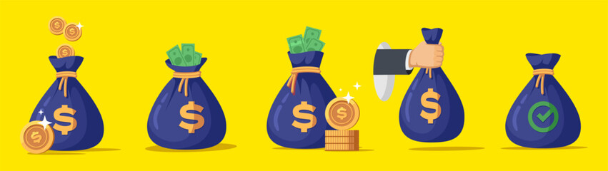 Money bag, dollar coins and banknotes in flat vector illustration.