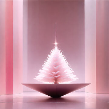 Minimal Christmas Background In Pastel Pink. Wallpaper Of A Pink Christmas Tree. Simple Lines In Powdery Color. Made With AI.