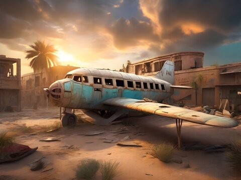 Abandoned airplane digital art photography, old air plane 